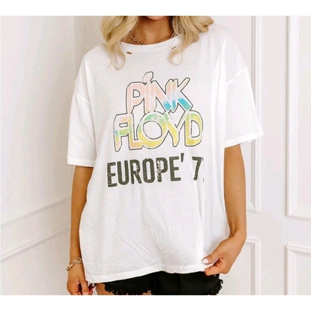 PINK FLOYD Europe' 77 Vintage Canvas Distressed White Graphic Tee T-Shirt Sz S